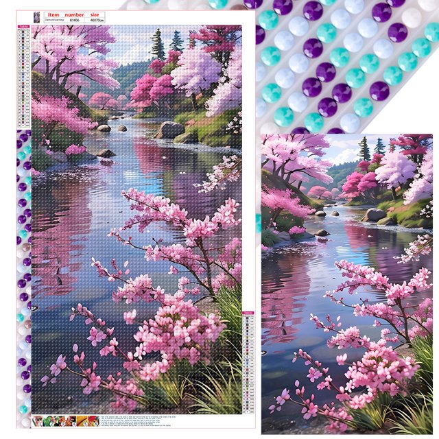 Pintura de diamante 5D DIY con taladro redondo completo, árbol de melocotón junto al lago, decoración del hogar, 40x70cm