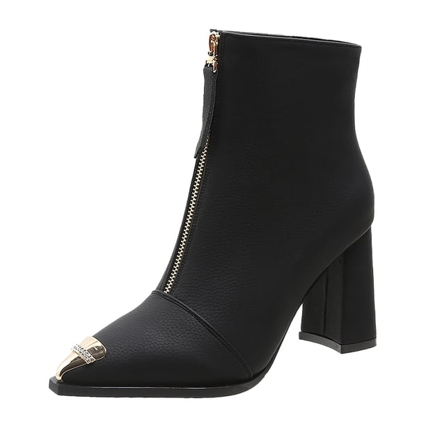 NECHOLOGY Botas Mujer Zapatos Botines mujer Moda mujer cuero artificial Color sólido otoño suela gruesa tacones cuadrados cremallera botines cortos zapatos de punta estrecha (Black, 7)
