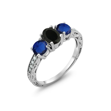 2.02 Ct Oval Black Onyx Blue Simulated Sapphire 925 Sterling Silver Ring