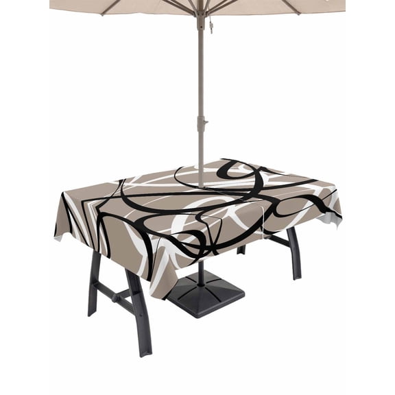 Outdoor Tablecloth with Umbrella Hole and Zipper, Brown Geometric Rectangle Table Cloth 60x84 Inch Waterproof Tablecloth, Vintage Black White Striped Abstract Art Picnic Table Cover for Patio Camping
