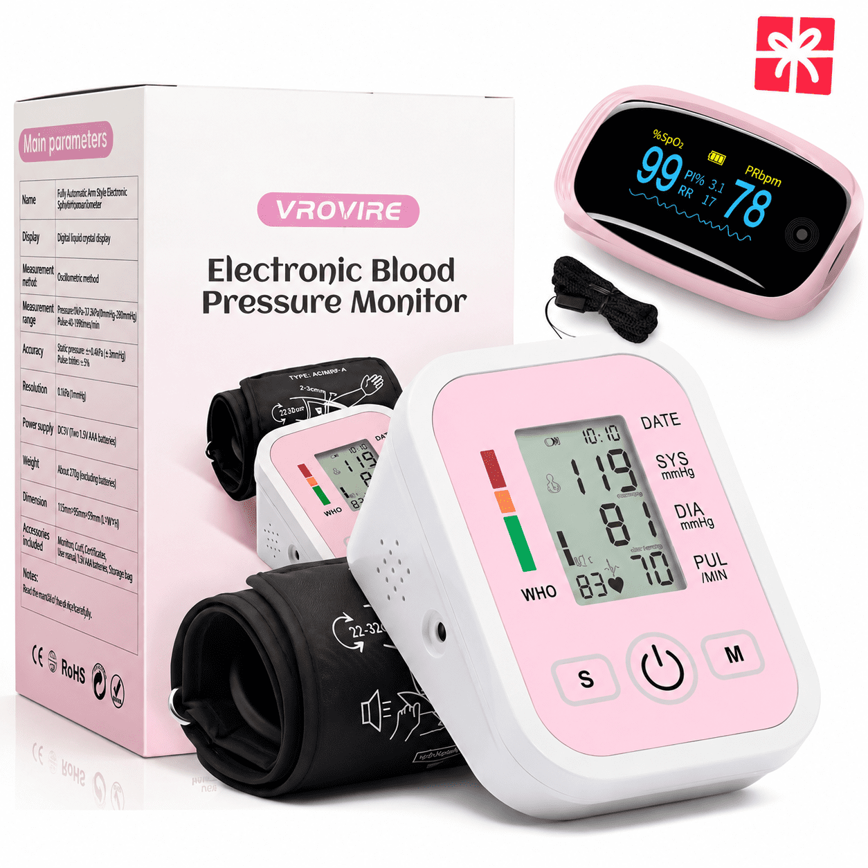 Upper Arm BP Monitor: Portable Digital Machine, Large LCD, 1-Button Use, Dual 99 Memory, Heart Rate & Adjustable Cuff, plus Rechargeable Oximeter