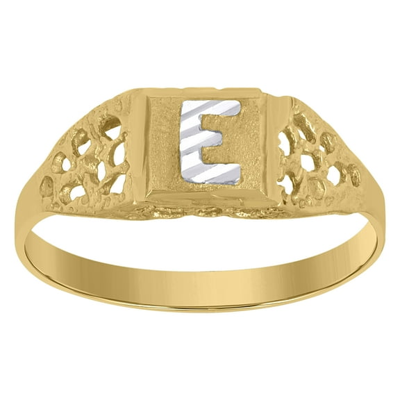 10kt Real Two-Tone Gold Mens Diamond-Cut Textured Oval Initial Letter E Band Ring