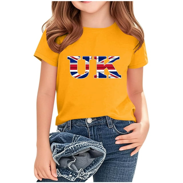 Chemisier à Manches Courtes à Col Rond Imprimé Drapeau Britannique pour Enfants, Tissu en Polyester, Tenue Décontractée pour l'École, Coupe Douce et Confortable, Haut Estival et Printanier Respirant, Lavable à la Machine