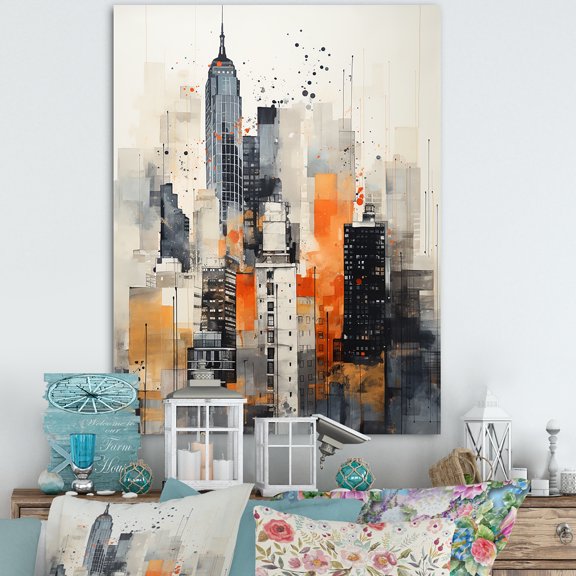 Designart "Urban Rhythm Minimalism in Orange and Grey II" Abstract Collages Wall Art Print
