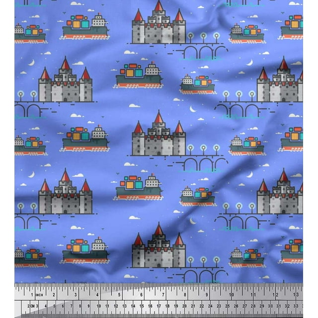 Soimoi polyester Crepe Fabric Ship,Castel & Bridge Architectural Fabric Prints By Yard 42 Inch Wide