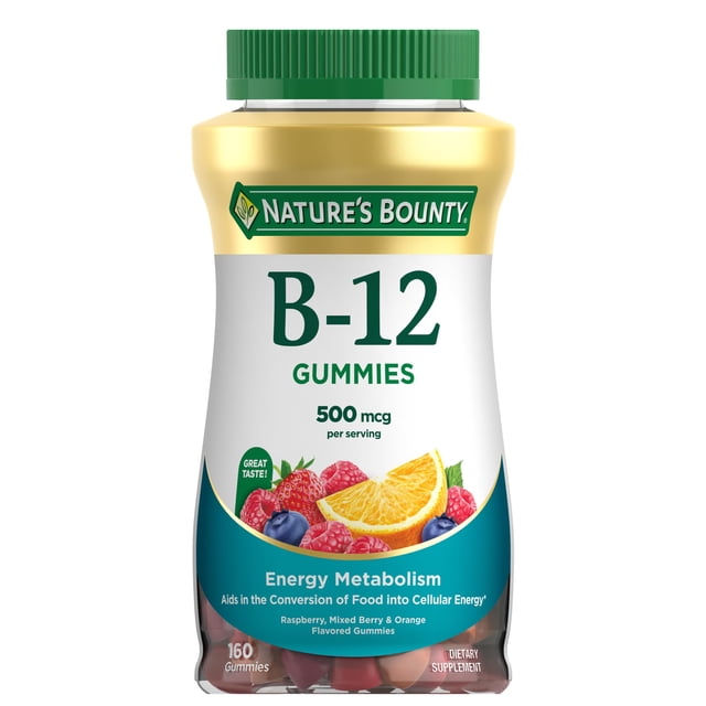 suplemento: gomitas de vitamina b12 de nature's bounty, 500 mcg, 160 unidades Botella frontal con tapa verde de Nature's Bounty B-12 Gummies; etiqueta blanca y dorada indica 500 mcg y 'Energy Metabolism', muestra frambuesas, arándanos y una rodaja de naranja, y se ven 160 gomitas en la base.