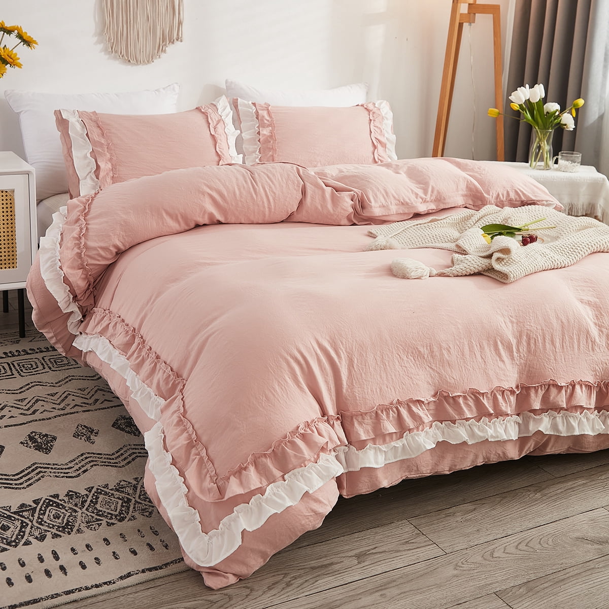 100% Washed Cotton Pink and White Ruffled Duvet Cover Set Twin Size with Zipper Closure & Corner Ties