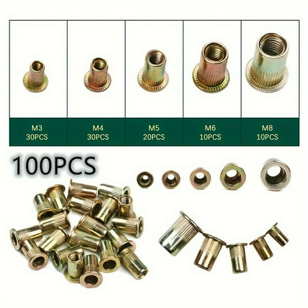 

FGERB 100-Piece Carbon Steel Nut Set - Colorful Flat Head Threaded Inserts With Right Hand Thread Direction For Metal Assembly (M3/M4/M5/M6/M8)