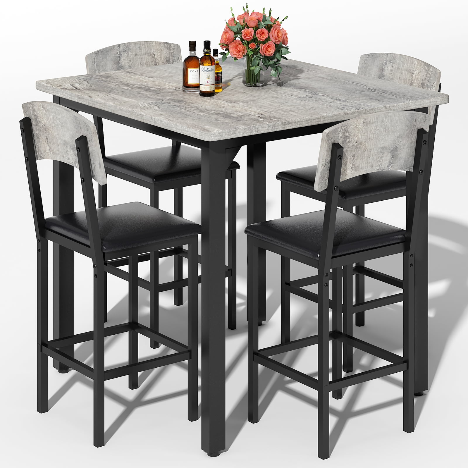 Baxluxe Dining Table Set for 4, Solid Wood Desktop Kitchen Table with 4 Upholstered Dining Chairs, Modern Dining Room Table Sets for Small Space, Apartment, Gray
