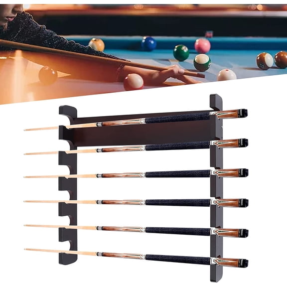 6 Sticks Pool Wall Mounted Rack Billiard Cue Holder Horizontal Pool Organizer Wooden Cue Sticks Rack with 6 Clips for Long Canes and Walking Sticks(Dark Brown)