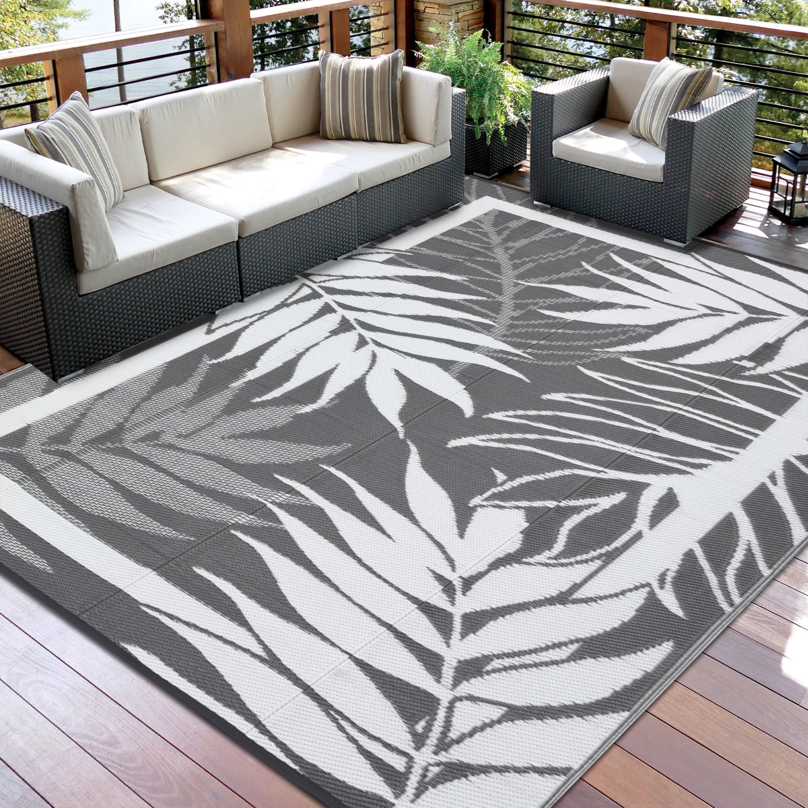 Soonbuy 9x18FT Outdoor Rug with Palm Leaf Pattern, Waterproof Reversible Patio Carpet, Fade Resistant Outdoor Area Rug with Heavy Duty Non-Slip Backing for Deck, Backyard, Pool, Porch, Living Room