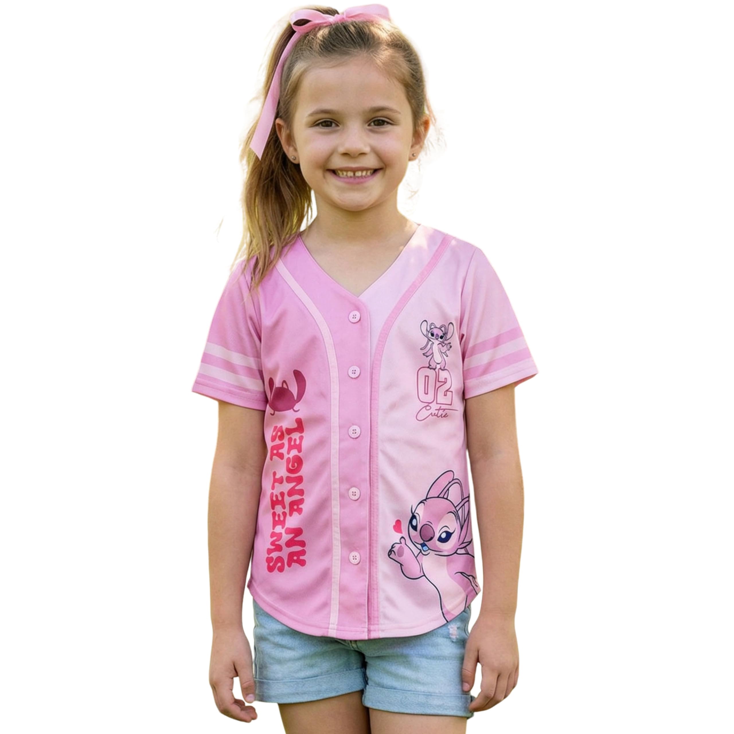 Disney Girls Baseball Jersey T-Shirt with Lilo & Stitch and Angel - Girls Sizes 4-16