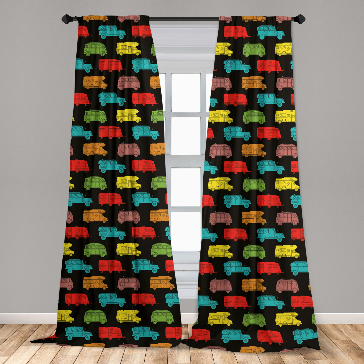 Camper Curtains 2 Panels Set, Colorful Van and Trailer on Dark Toned