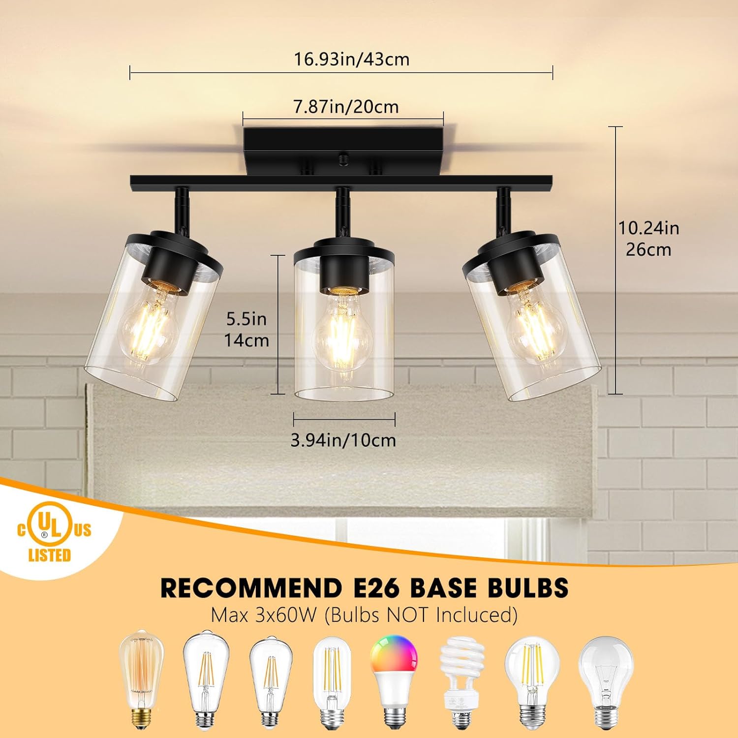 3-Light Track Lighting Kit Black Track Lighting Fixtures Bathroom Wall Sconces Ceiling Mount Kitchen Tracking Lights Rotatable Spotlight with Clear Glass Shade for Kitchen Shop Hallway