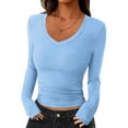 thumbnail image 2 of Long Sleeve Shirts for Women V Neck Fitted Fall Basic Tshirts Going Out Tops 2025 Casual Trendy Clothes Light Blue XXL, 2 of 5