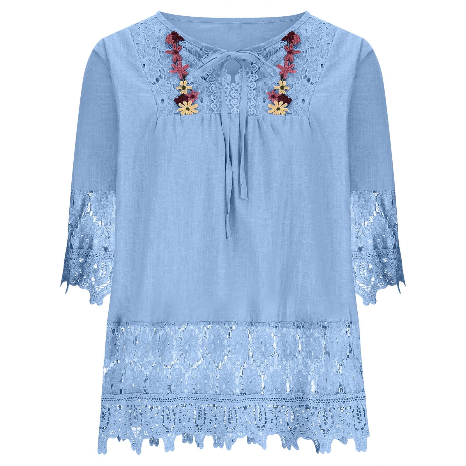 Scyoekwg 3/4 Sleeve Shirts for Women Vintage Crochet Lace Trim Bow