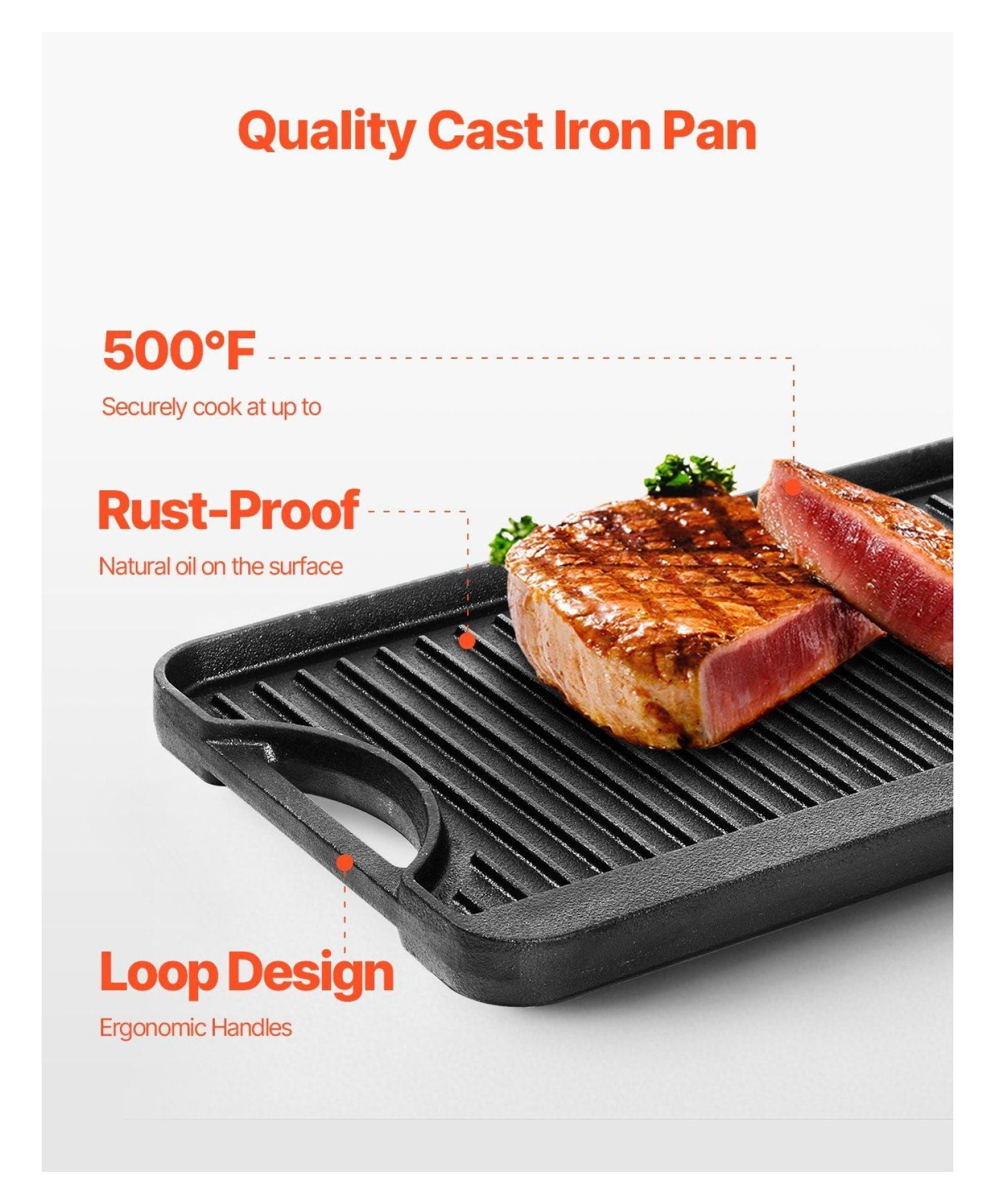 Cast Iron Grill Griddle, 20x10in Reversible BBQ Pan - Pre-Seasoned Flat Top Griddle for Stovetop, Gas, Electric - Grill & Griddle Combo