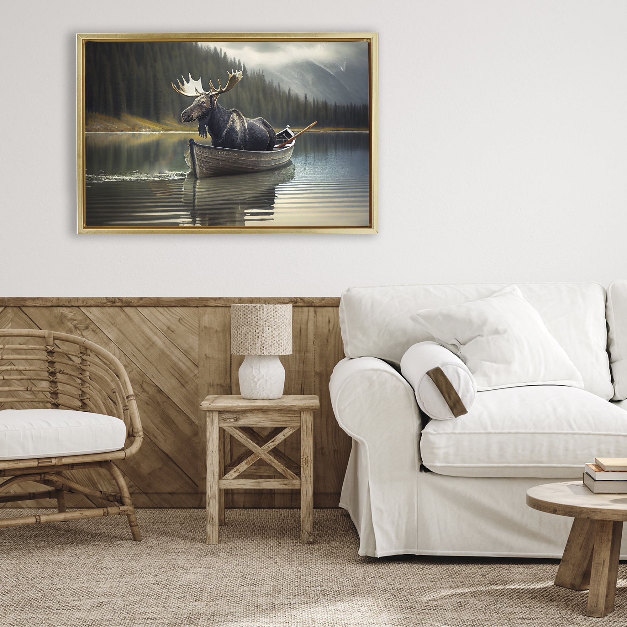 Moose in Canoe Tranquility Gold Framed Floater Canvas Wall Art, design by Sasha