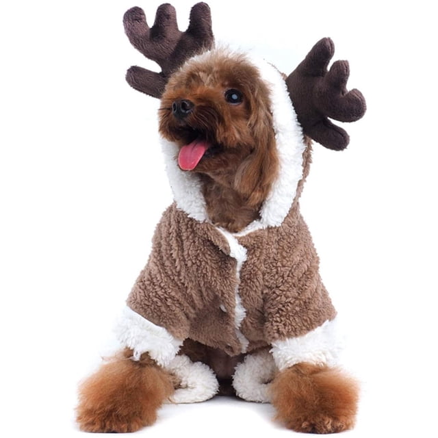 Disfraz de reno navideño para mascotas, pijama de terciopelo coral suave y cómodo para perros o gatos, monos con capucha de invierno cálidos para mascotas para fiestas navideñas (marrón)
