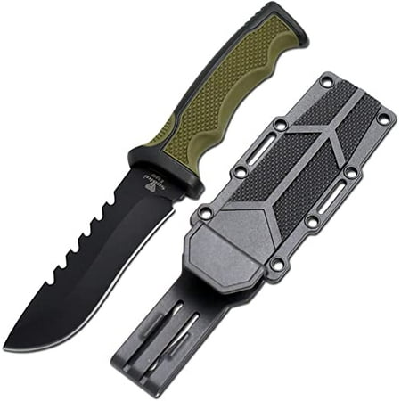 10 Green Rubber Handle Full Tang Saw Back Fixed Blade Knife with Sheath
