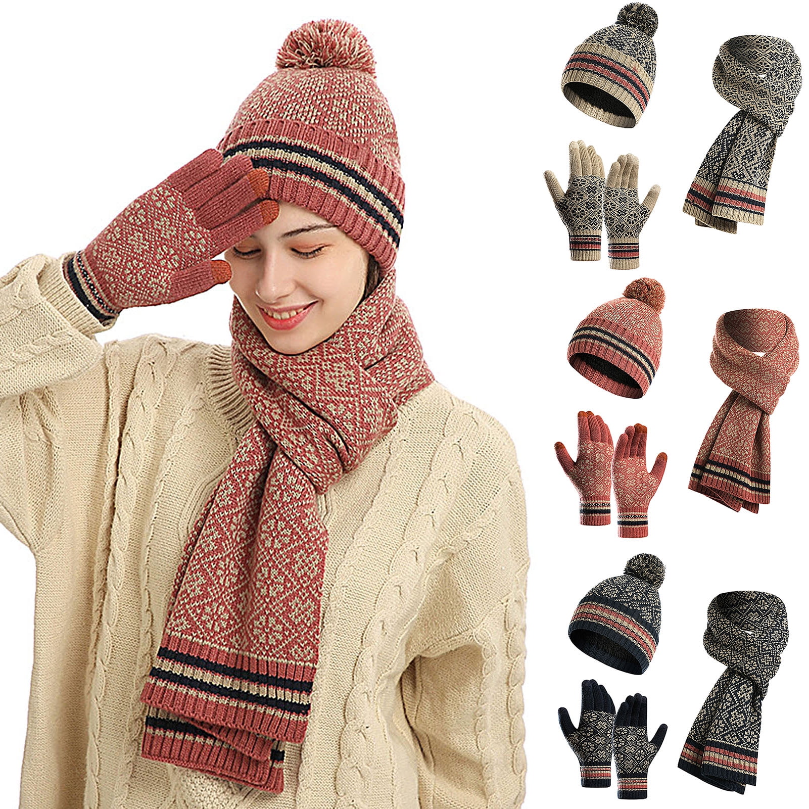 Winter Warm Hat Scarf Gloves Slouchy Beanie Snow Knit Skull Cap Touch Screen Mittens Circle Scarves for Women Men 