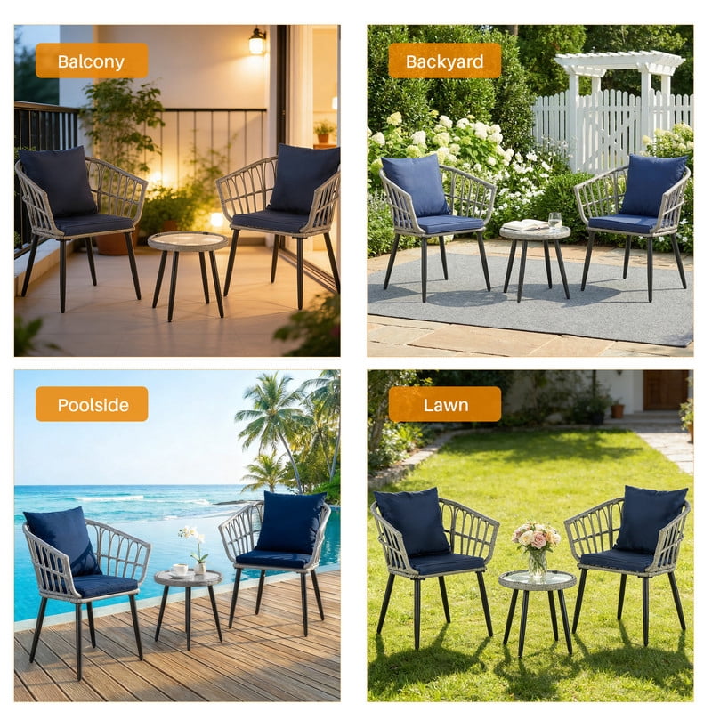 Simenmax 3 Piece Patio Wicker Furniture Set, Outdoor Rattan Chairs with Tempered Glass Coffee Table, Comfortable Washable Cushions for Balcony, Backyard, Poolside, Blue Gray