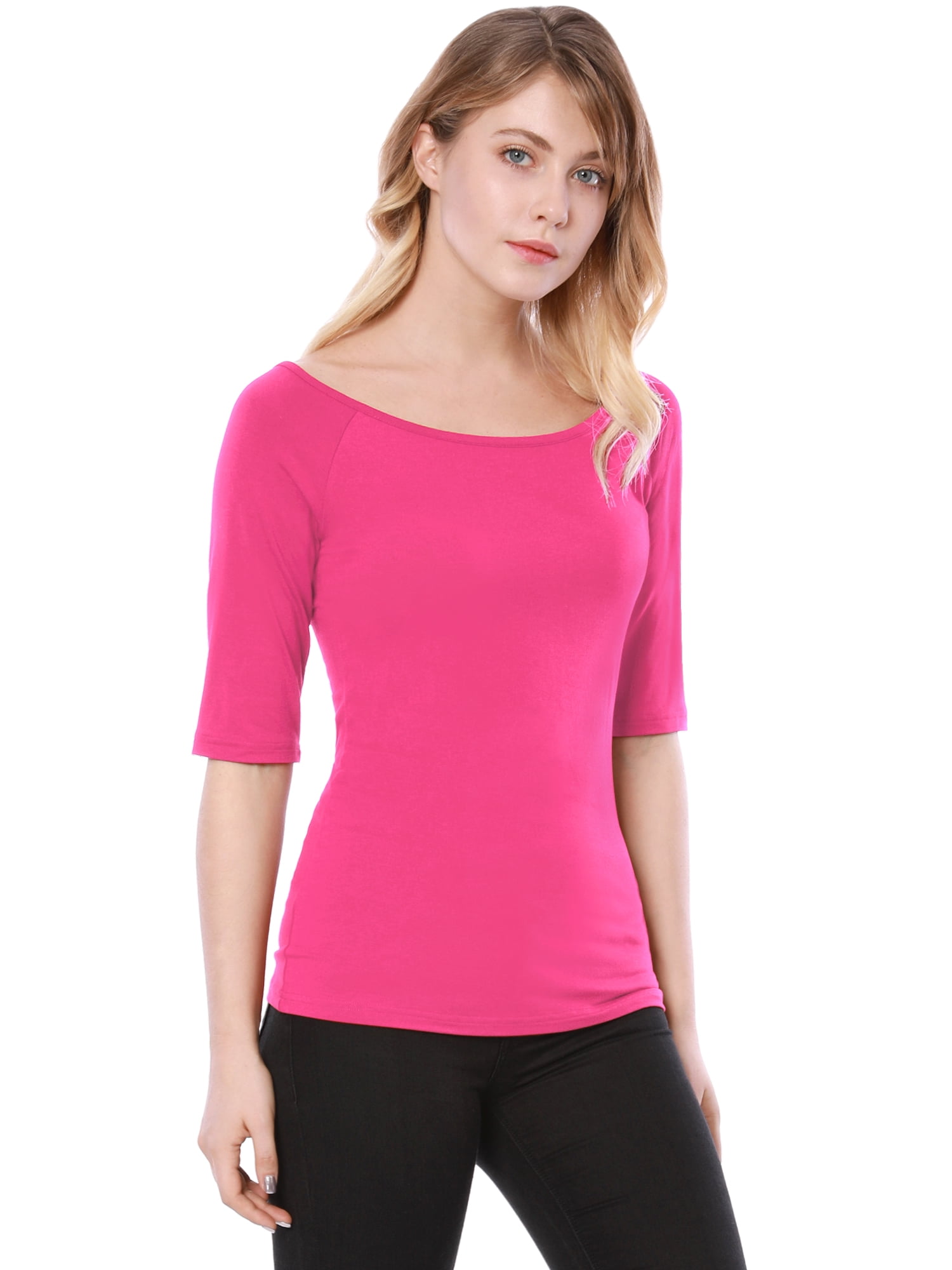 DARING DIVA Women's Slim Fit Pullover Boat Neck Stretchable T-Shirt 2XL Hot Pink