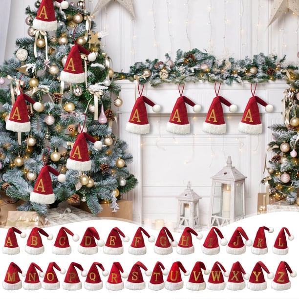 Adornos personalizados de 26 letras para árbol de Navidad | Decoración colgante de alfabeto DIY | Colgantes festivos con letras rojas y sombrero de Papá Noel | Decoraciones navideñas ligeras y