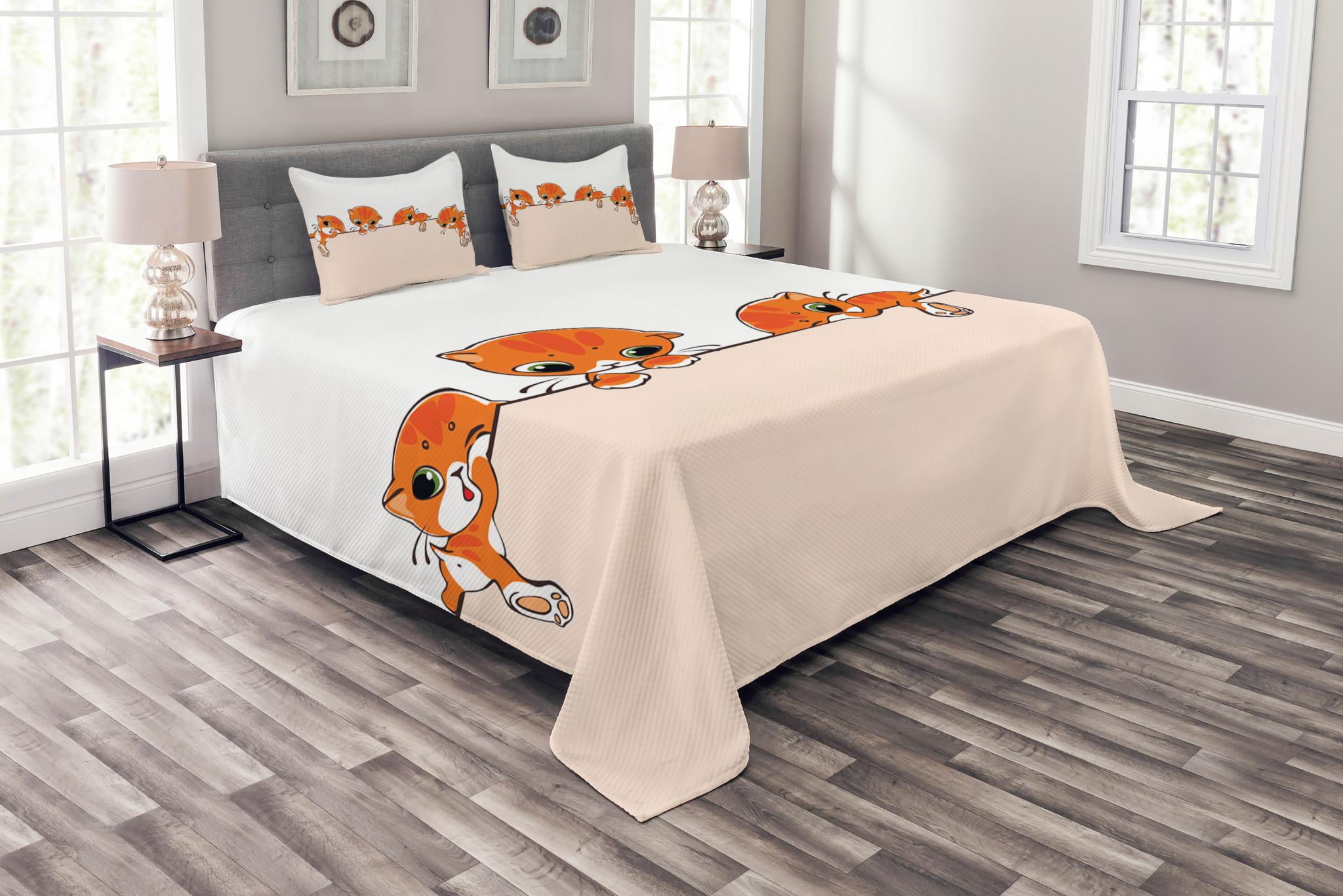 Cat Bedspread Set Queen Size, Banner with Little Kitties Felines Over