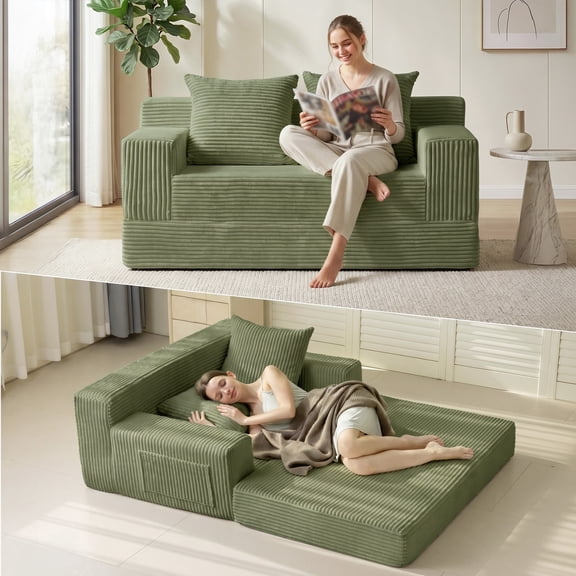 54" Convertible Sofa Bed, Loveseat Folding Floor Futon Sleeper Sofa- Boneless Foldable Couch, Corduroy, Green