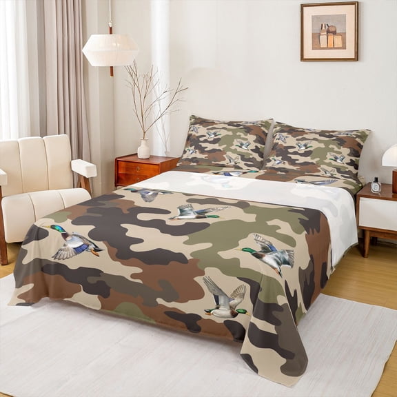 Erosebridal Wild Mallard Duck Full Size Sheets, Rustic Green Brown Camo Bed Sheets, 1 Flat Sheet, 1 Fitted Sheet and 2 Pillowcases