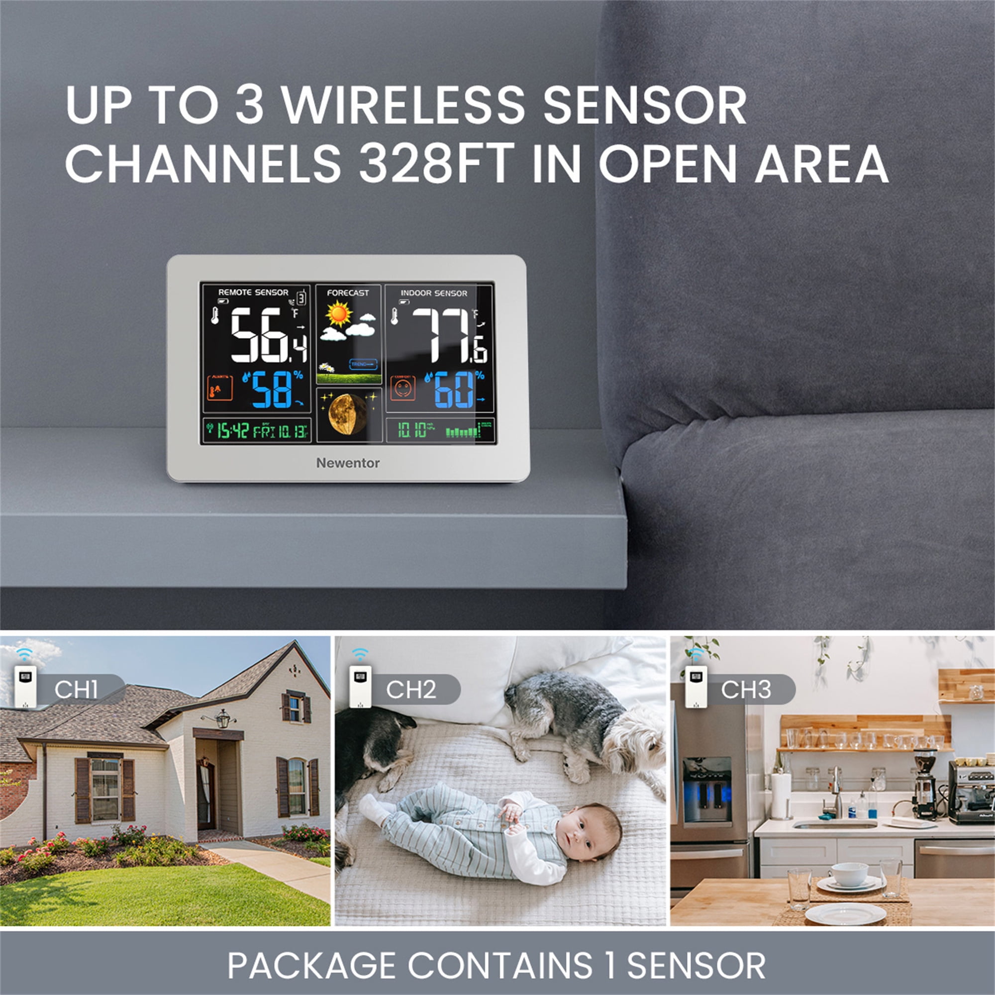 Weather Station for Home with 3 Outdoor Sensor, White