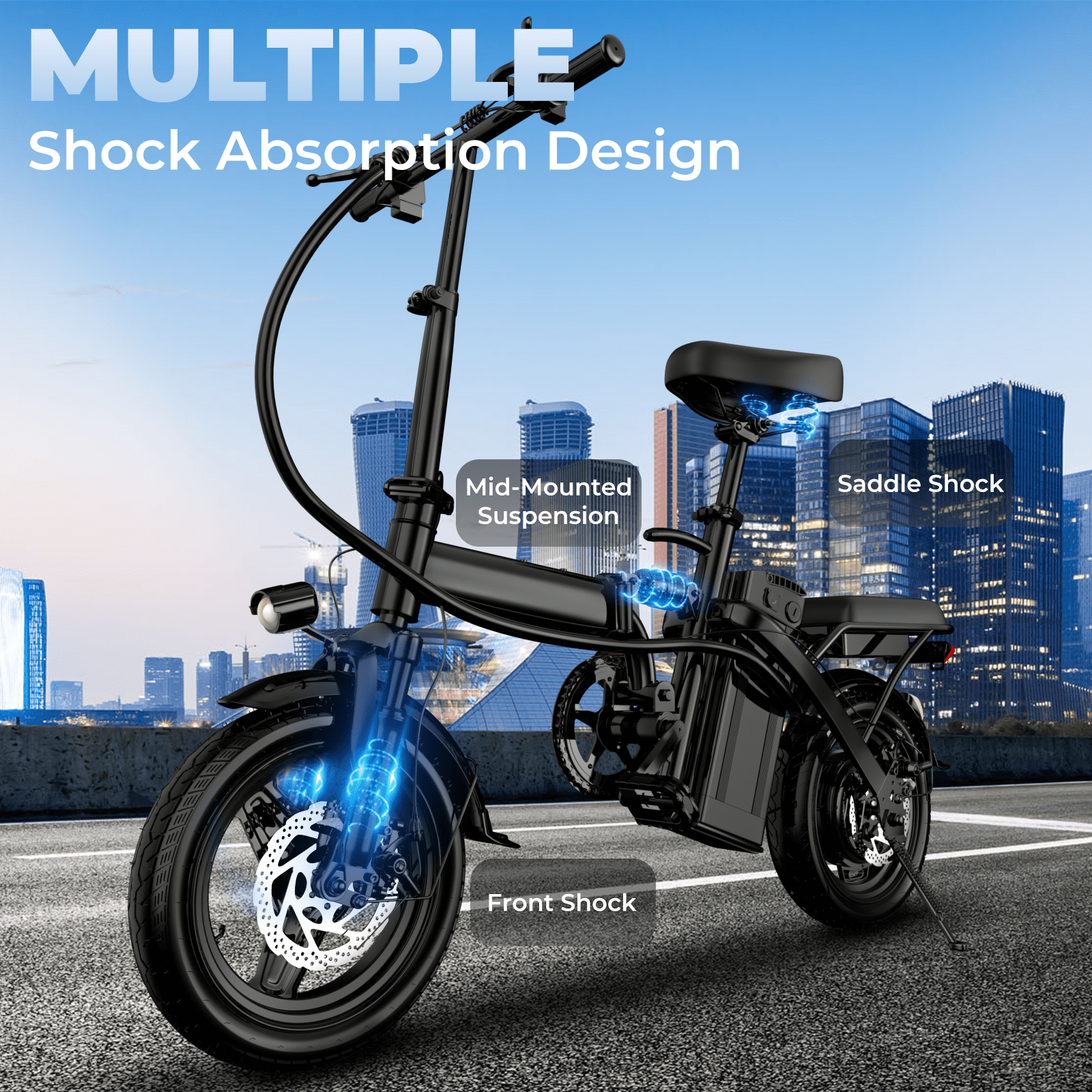 Rexei Yeki 48V 500W Electric Bikes,14" Tires, 20mph, 19-22mi Range, Dual Disc Brakes, Adjustable Seat, Removable Basket, Folding Design.