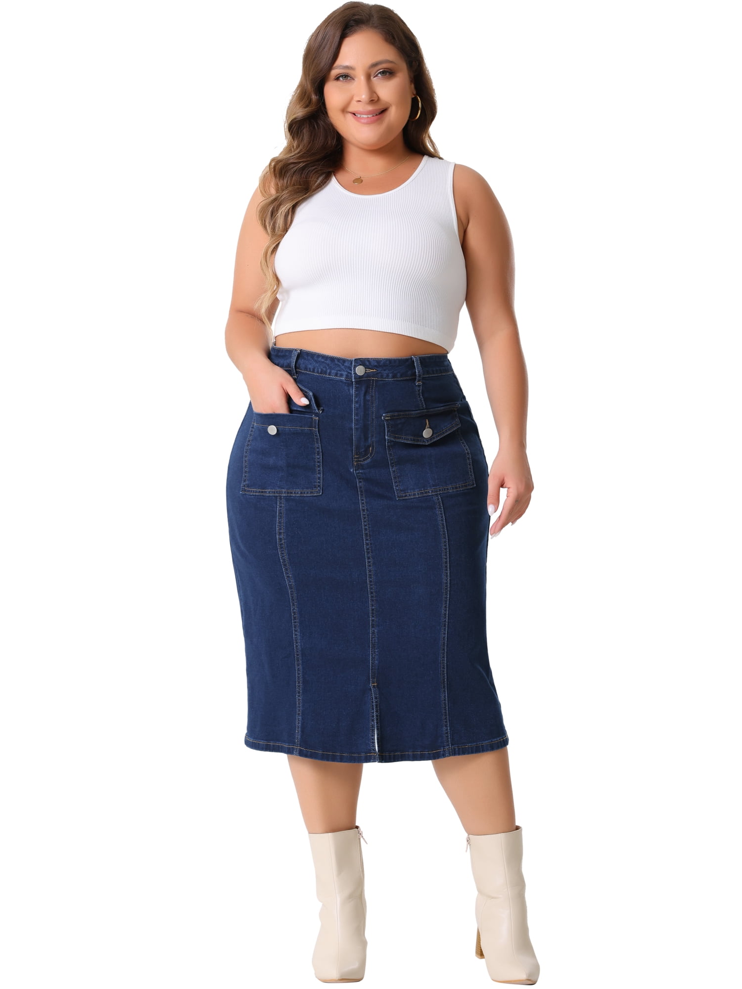 DARING DIVA Women's Plus Basic High Waist Ripped Hem Pockets Jeans Skirts 2X Dark Blue