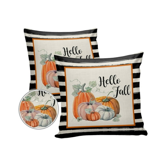 Pack of 2 Outdoor Pillow Covers, Thanksgiving Hello Fall Black Stripes Waterproof Square Throw Pillowcase Cushion Decorative Pillow Covers for Couch Patio Tent, 16x16 in