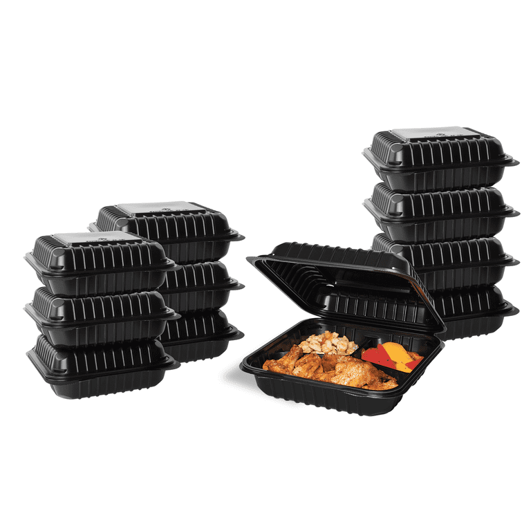 PV203, Black Base with Clear Lid 9 x 9 Three-Compartment Hinged Square  Container, 9.50 x 9.13 x 2.78