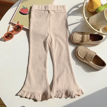 BLTIBY 2-8Years Toddler Baby Girl Flare Pants Solid Colour Cotton Trouser for Infant Little Girls Wide Leg Ruffle Pant Ribbed Bell Bottoms Legging Trousers Beige 4-5Years