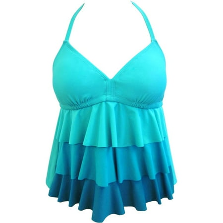 Women's Plus-Size Tiered Ruffle Halter Tankini Swimsuit Top with Bra ...