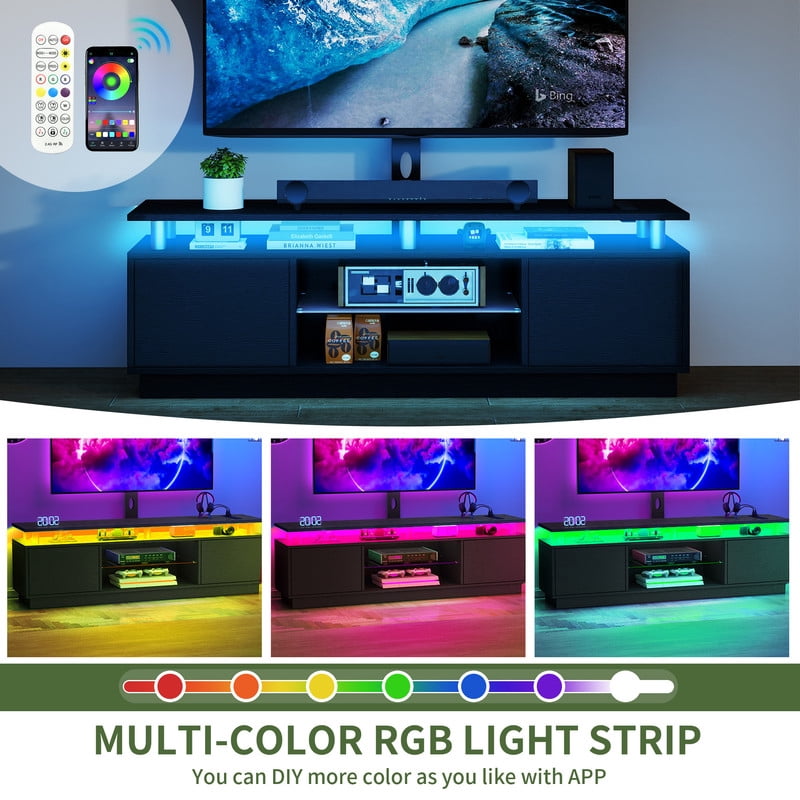 Uforic LED TV Stand with Mount & Power Outlet, Height Adjustable TV Mount for 75/65/60 inch TVs, Black