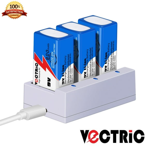 9V Rechargeable Li-ion Batteries 800mAh 9 Volt Lithium-ion 3 Packs with Smart Charger, VECTRIC