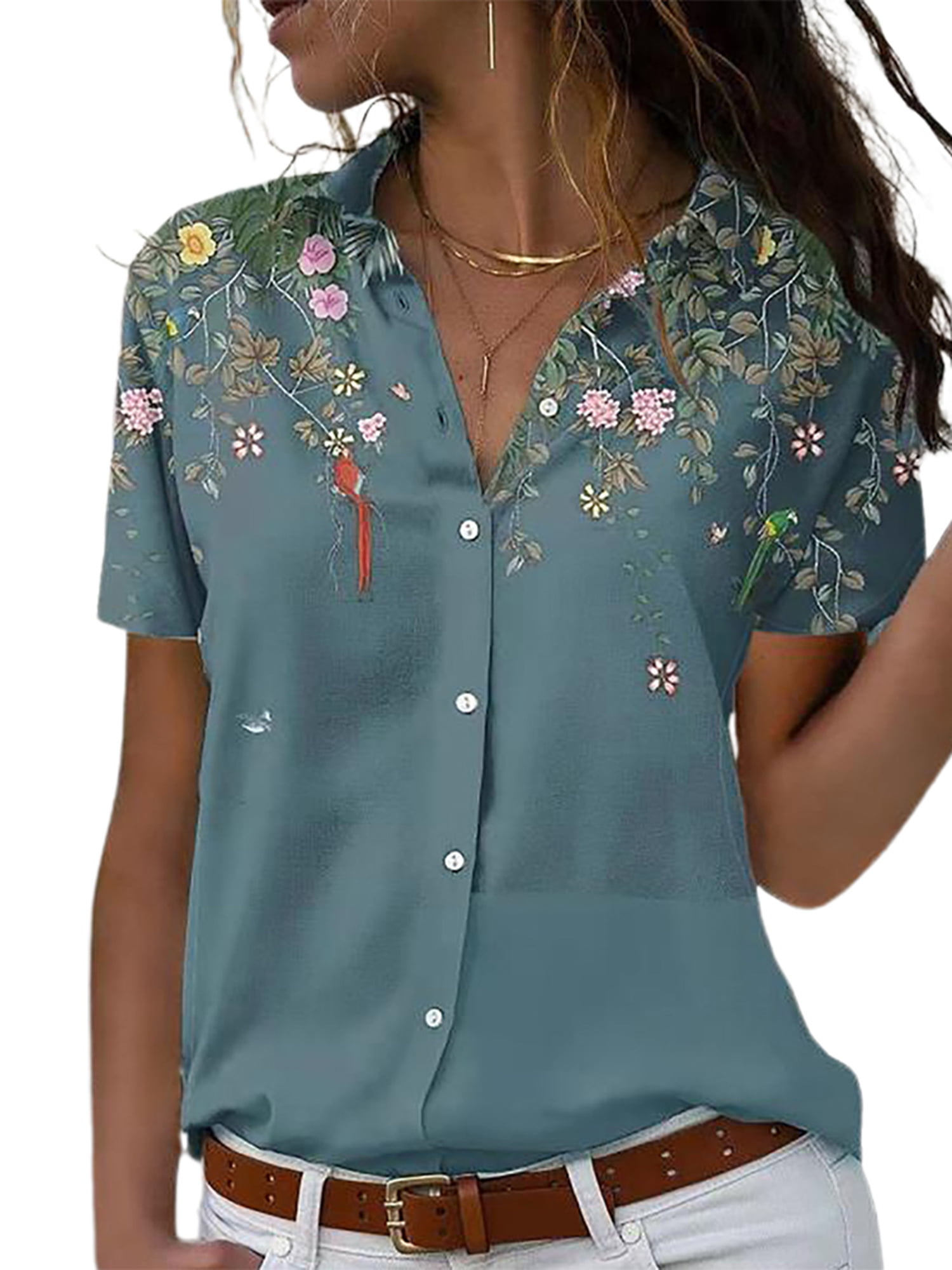 Women Lapel Short Sleeve Floral Button Down Shirt OL Loose Blouse