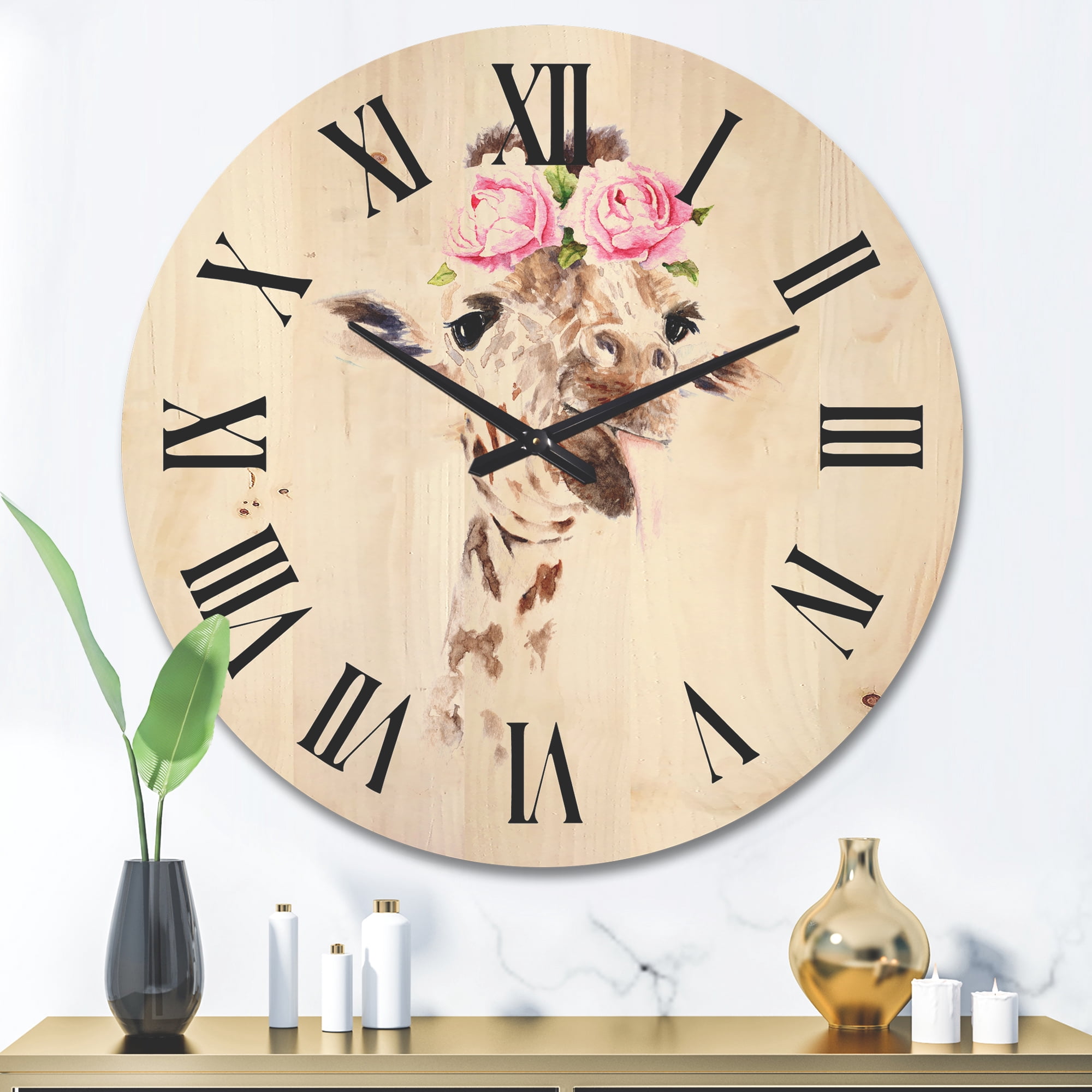 Designart 'Portrait of A Giraffe With Pink Flowers' Farmhouse Wood Wall Clock