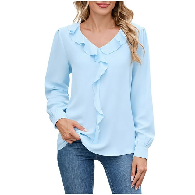 aidice Tops for Women Trendy Long Sleeve V Neck Ruffle Blouses Loose Lightweight Solid Color Tops