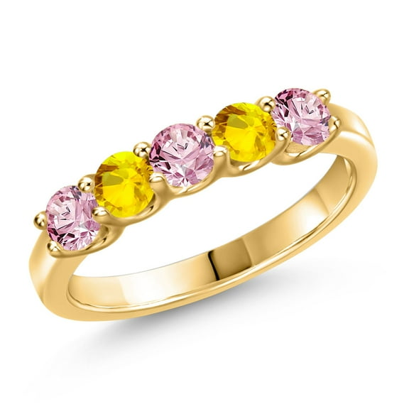 Gem Stone King 18K Yellow Gold Plated Silver Pink Lab Grown Diamond and Yellow Sapphire Wedding-Bands Ring for Women | 0.86 Cttw | Round 3.5MM | Gemstone April Birthstone | Size 7