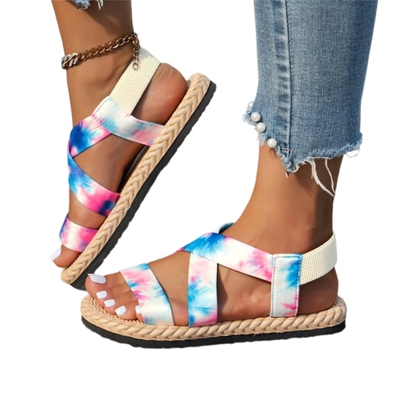 HTHLVMD Women's Boho Crisscross Strappy Sandals, Women's Flat Sandals Comfortable Open Toe Rubber Thong Cushion Easy to Clean for Women Indoor Outdoor Vacation, Blue 6
