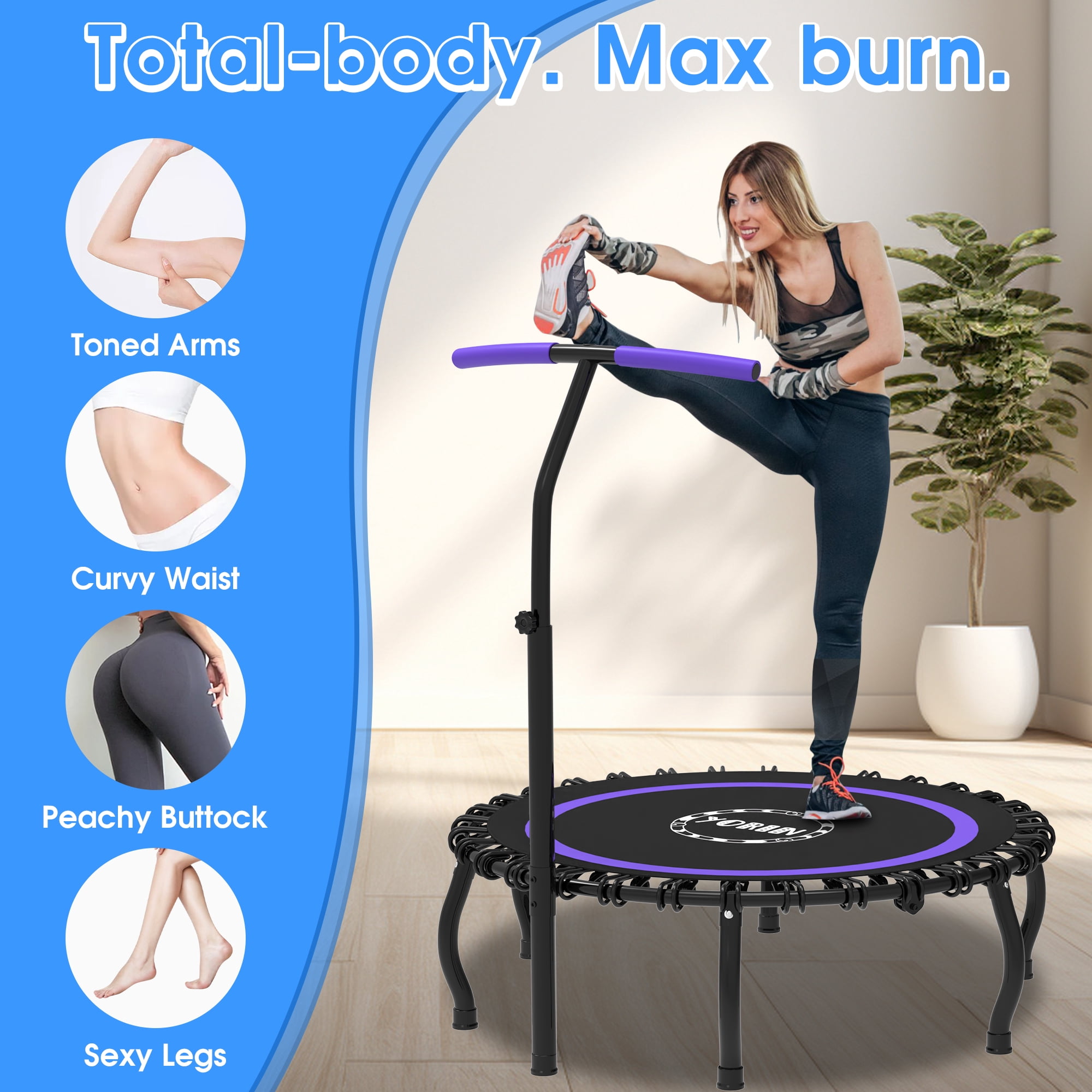 YORIN Rebounder Foldable Trampoline for Adults, 330LBS Fitness Indoor Trampoline, 50" 40" 48" Mini Exercise Trampoline with Bungees, 3 Level Adjustable Foam Handle Bar, Stable Quiet Small Trampoline
