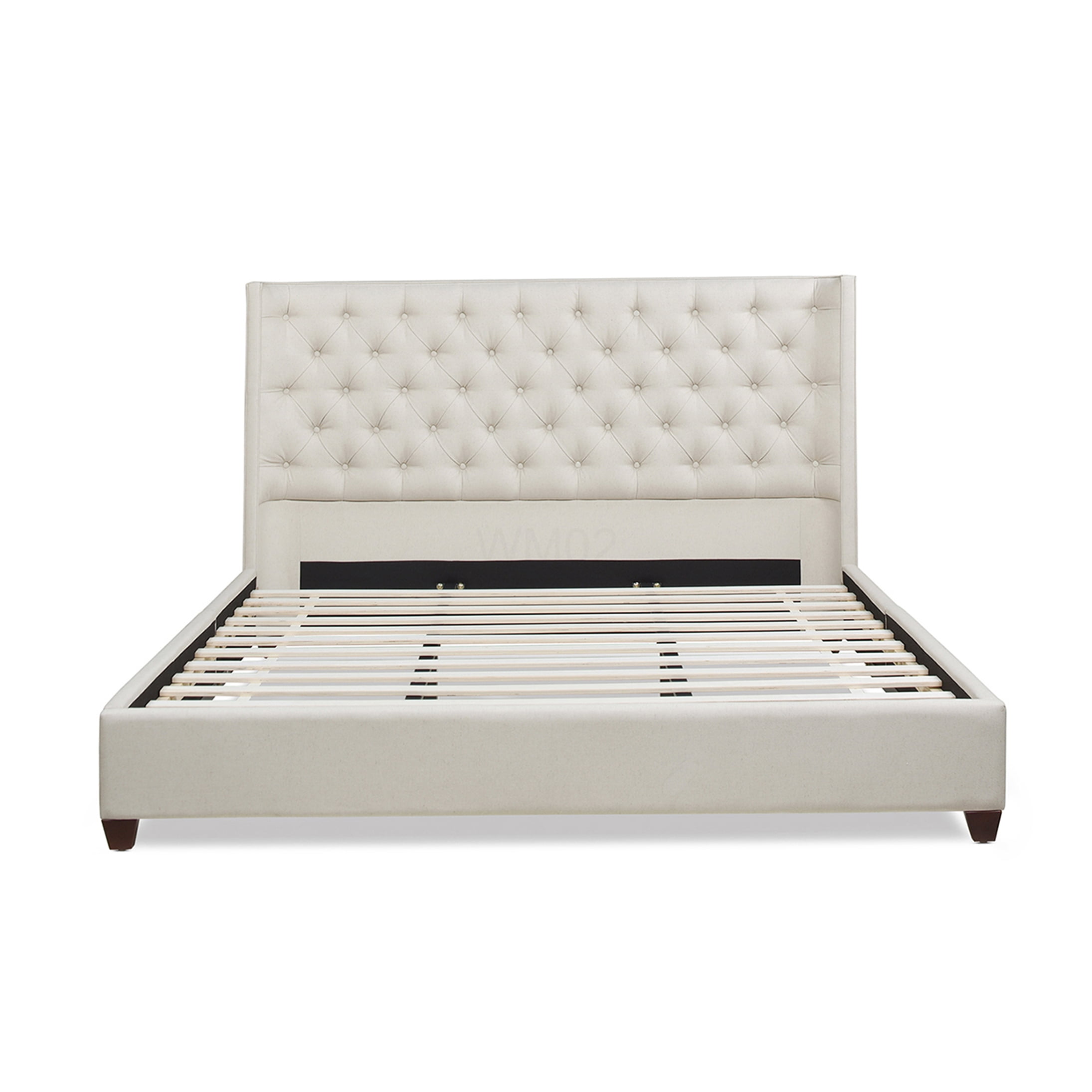 Manhattan King Size Upholstered Bed Frame with Wingback Headboard, Light Beige Fabric, No Box Spring Required Platform Bed