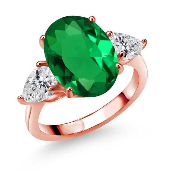 Gem Stone King 18K Rose Gold Plated Silver Green Nano Emerald and Lab Grown Diamond Engagement Ring for Women | 5.04 Cttw | Oval 14X10MM | Gemstone May Birthstone | Size 9