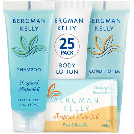 Bergman Kelly Travel Size Toiletries - Shampoo, Conditioner, Bar Soap & Body Lotion (1 oz each, 100 pc); 4-Piece Hotel Set in Tropical Waterfall Scent (US Company)