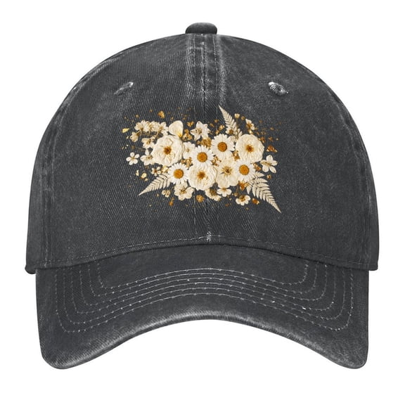 Washed Cotton Baseball Caps for Men Women, Breathable Retro Adjustable Dad Hats with Crown for Running, Outdoor, Daily Casual Wear, Black-Dried Flowers